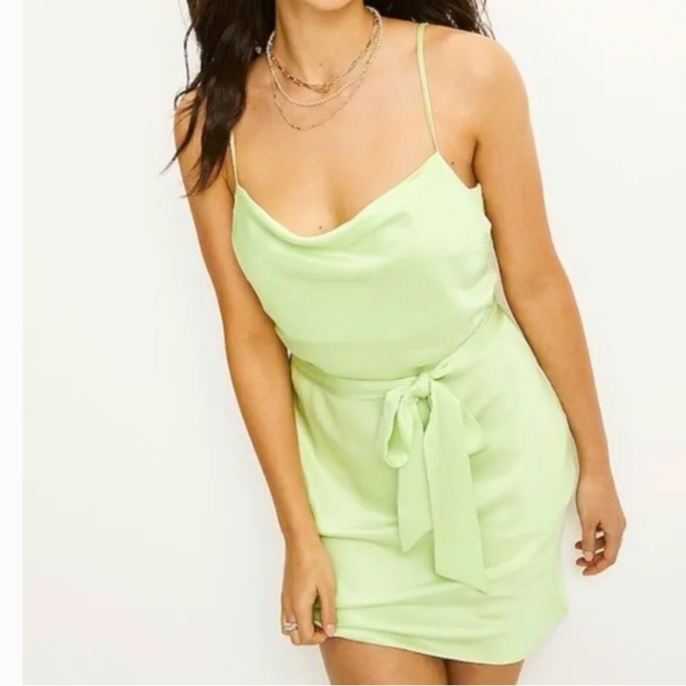 Express Lime Green Satin Dress with Cowl Neck and tie waist NWT